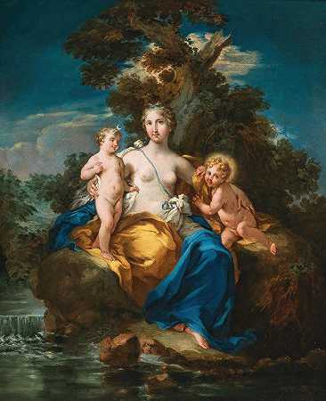 拉托娜和她的孩子们，阿波罗和戴安娜，在月光下的风景中`Latona and her children, Apollo and Diana, in a moonlit landscape by Michele Rocca