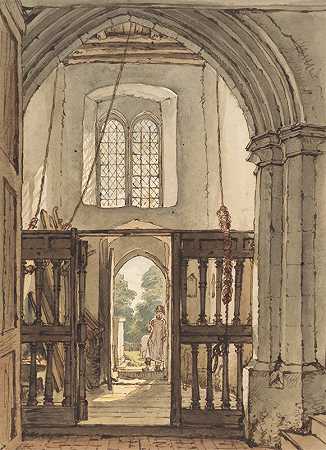 钟楼屋内，丛林教堂`Interior of the Belfry, Bushey Church (ca. 1822) by William Henry Hunt