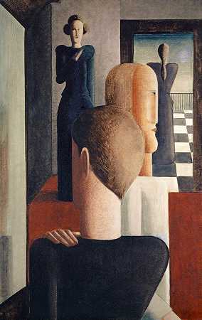 屋内有五个人物，罗马风格`Interior with Five Figures, Roman (1925) by Oskar Schlemmer