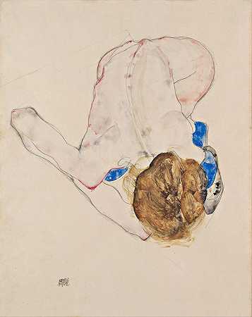 裸体穿着蓝色长袜，向前弯腰`Nude with Blue Stockings, Bending Forward (1912) by Egon Schiele