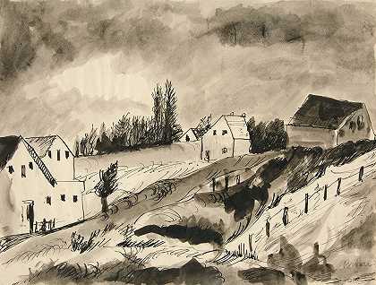 房屋景观`Landscape with Houses (ca. 1920–1929) by Dora Bromberger