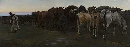 休息的马`Horses at rest (1879) by Jozef Chelmonski