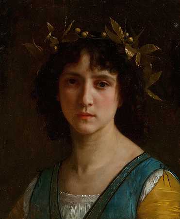 头部D戴着桂冠的意大利人（戴着桂冠的意大利女孩的头）`Tête dItalienne avec une couronne de laurier (Head of an Italian girl with a laurel wreath) (1872) by William Bouguereau