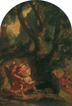 雅各布与天使搏斗`Jakob ringt mit dem Engel (1850~1856) by Eugène Delacroix