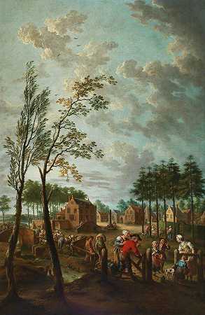 前景是农民的村庄景象`A village scene with peasants in the foreground by Jan Anton Garemijn