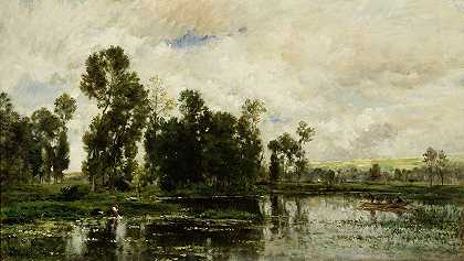 池塘边`The Edge of the Pond (1873) by Charles François Daubigny