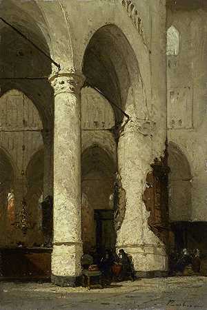 的屋内胡格兰德斯莱顿教堂`Interior of the ;Hooglandse Church, Leiden (c. 1840 ~ c. 1891) by Johannes Bosboom