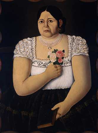 一位普埃布拉土著妇女手持一束玫瑰的照片`Portait of a Native Puebla Woman with a Bouquet of Roses