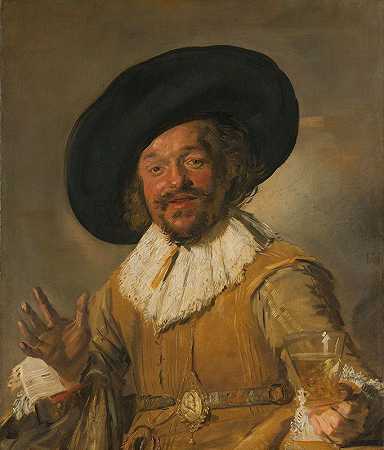 一个民兵拿着一个叫“快乐饮酒者”的柏克莱默人`A Militiaman Holding a Berkemeyer, Known as the ‘Merry Drinker’ (c. 1628 ~ c. 1630) by Frans Hals