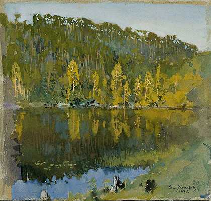 森林池塘景观研究`Forest Pond, Landscape Study (1894) by Eero Järnefelt