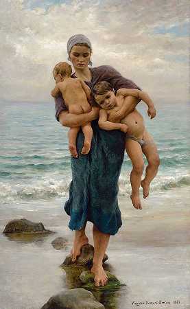 渔夫母亲的妻子来给孩子洗澡`Fishermans Wife coming to Bath her Children (1881) by Virginie Demont-Breton