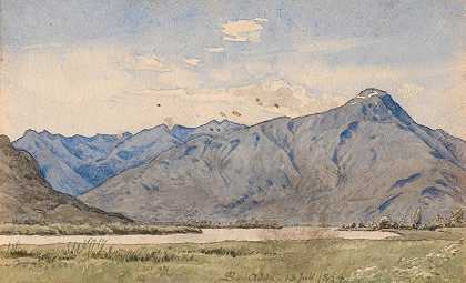 有河流和山脉的意大利景观`Italiensk landskab med en flod og bjerge (1853 ~ 1854) by P. C. Skovgaard