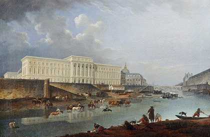 L造币厂、康蒂码头和塞纳河，从城市的角度看`LHôtel de la Monnaie, le quai de Conti et la Seine, vus de la pointe de la Cité (1777) by Pierre-Antoine Demachy