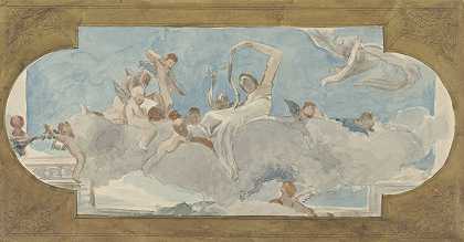 天花板上画着云朵上的人物`Plafondschildering met figuren gezeten op wolken (1872 ~ 1904) by Wilhelm Cornelis Bauer