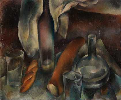 瓶子和法式面包的静物画`Stillleben mit Flaschen und Baguettes (1909) by Hanns Bolz