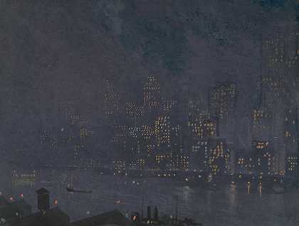 夜晚的摩天大楼`Skyscrapers at night (1910) by Joseph Pennell