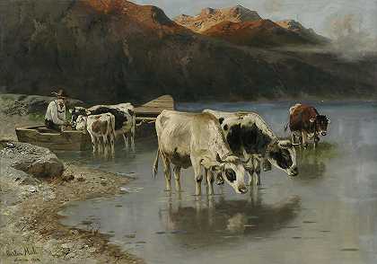 牧羊人在湖边放牛`Shepherd With Cows On The Lakeshore