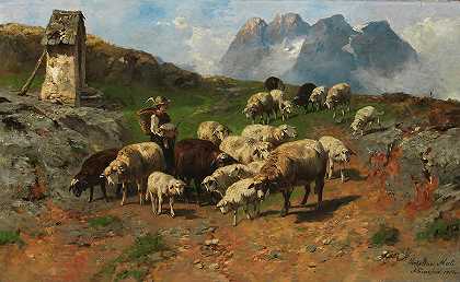 牧童在山上放羊`Shepherd Boy With Sheep In The Mountains