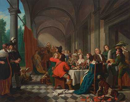 街机上优雅的晚宴`An elegant dinner party in an arcade (1744) by Jan Josef Horemans The Elder