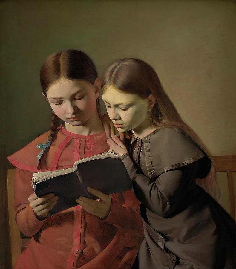 艺术家的姐妹席妮和亨丽特正在读书`Artists\’ Sisters Signe and Henriette Reading a Book