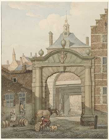从多德雷赫特的一扇门望去`Doorkijkje door een poort te Dordrecht (1819) by Johannes van Lexmond
