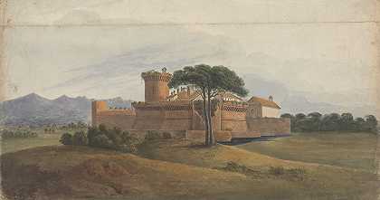 远处有群山的奥斯蒂亚城堡`Castle of Ostia with Mountains in the Distance (1818) by Isaac Weld