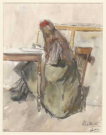 研究一个坐在桌子旁的女孩`Studie van een meisje, zittend aan een tafel (1872 ~ 1950) by Barbara Elisabeth van Houten