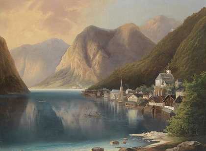 哈尔斯塔特景观`Blick Auf Hallstatt (1874) by Gustav Barbarini