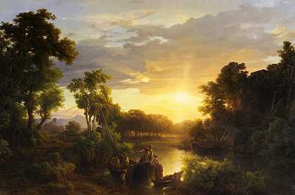 日落时的意大利风景，渔民`Italian Landscapes at Sunset, Fishermen by Károly Markó