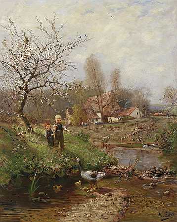 春天的风景，两个孩子和鹅`Spring Landscape With Two Children And Geese