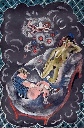 两个人和丘比特`Two Figures and Cupid (c. 1920) by Jules Pascin