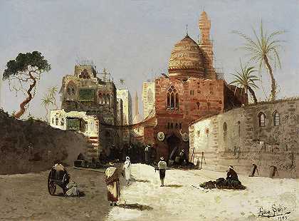 有清真寺尖塔和前院商人的街景`Street Scene With Mosque Minaret And Merchants On A Forecourt