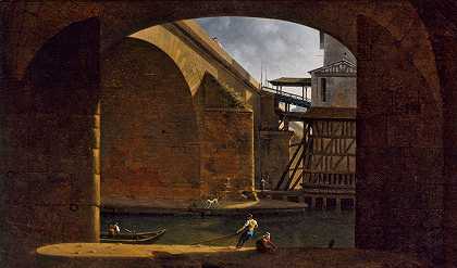 从Gesvres码头拱顶看圣母院的桥梁和泵`Le Pont et la Pompe Notre~Dame, vus de la voûte du quai de Gesvres (1816) by Auguste Jacques Régnier