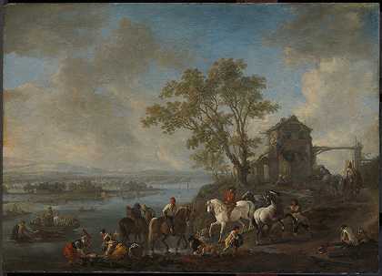 河上的马池`Horsepond on a River (c. 1662 ~ 1663) by Philips Wouwerman