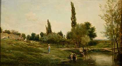 带喷漆机的景观`Paysage avec laveuses Peintre by Charles François Daubigny