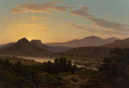 日出，从罗兰塞克看德拉钦费尔斯`Sunrise, View of Drachenfels from Rolandseck (circa 1850) by Worthington Whittredge