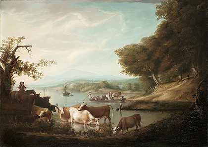 一个宁静的浇水之地，广阔而无垠的牛群景象`A Calm Watering Place–Extensive and Boundless Scene with Cattle (1816) by Alvan Fisher