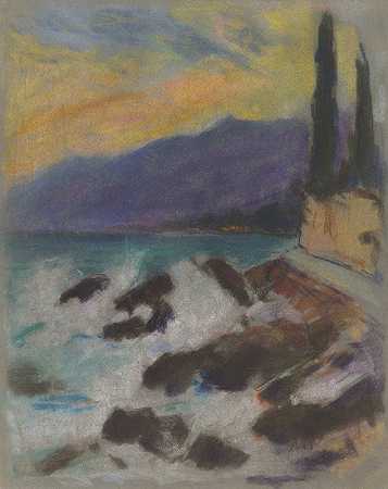有柏树的岩石海岸`Rocky Seashore with Cypresses (1925~1928) by Zolo Palugyay