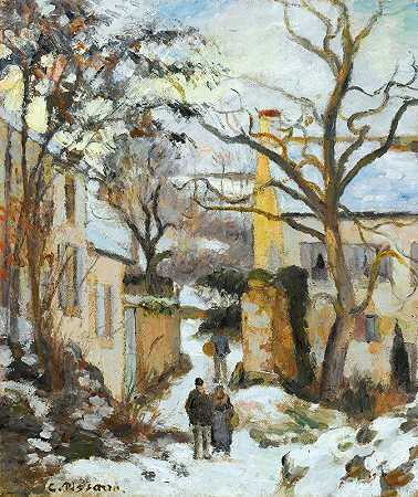 房子在雪地里打鼾，铺满了通往L隐士，庞托伊斯，在雪下`La Maison Rondest Sous La Neige, Pontoise Or Chemin De Lhermitage, Pontoise, Sous La Neige (circa 1875) by Camille Pissarro