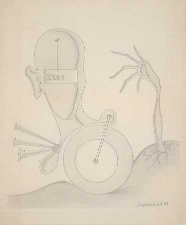 带有标志、手、轮子和自动喇叭的头部`Head with Sign, Hand, Wheel, and Auto Horn (1922) by Angelika Hoerle
