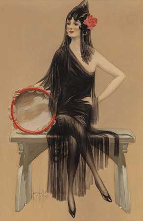 拿手鼓的女人`Woman with Tambourine (1920) by Henry Hutt