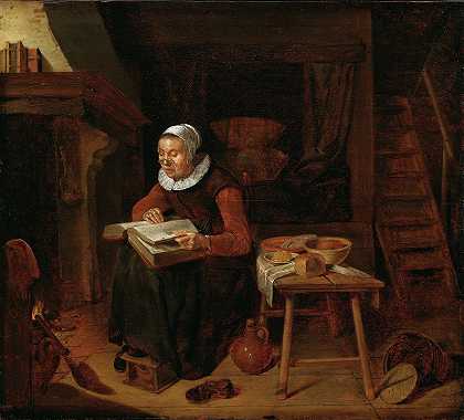老妇人在读圣经`Old Woman Reading the Bible (1663) by Quirijn Van Brekelenkam