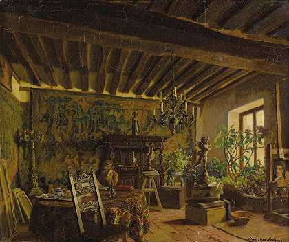 弗雷德里克·麦克蒙尼斯在他的工作室里`Frederick MacMonnies in his studio (circa 1888~1909) by Mary Macmonnies Low
