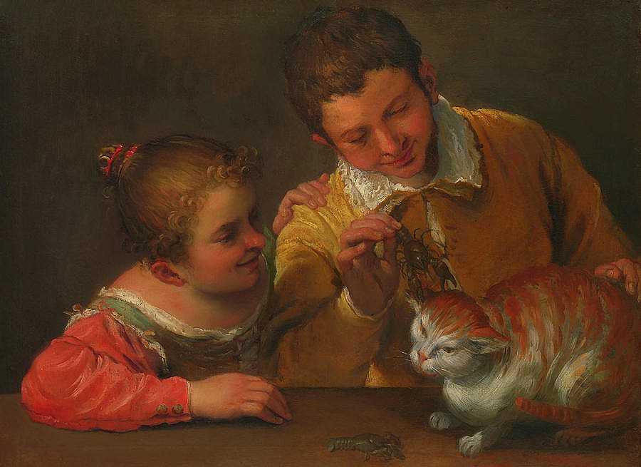 两个孩子在教一只猫`Two Children Teaching A Cat