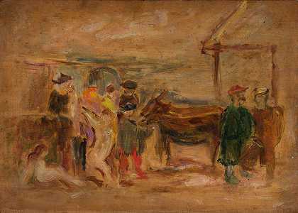 驴子的形象场景`Figural scene with donkeys (1920) by Tadeusz Makowski