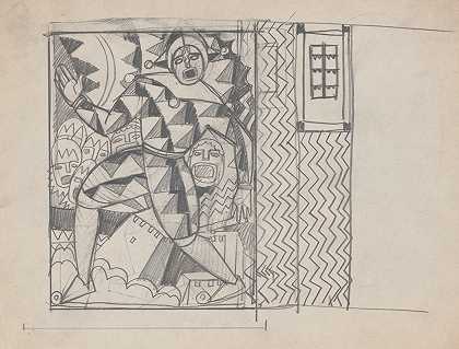 纽约州纽约市71街阿拉马克和百老汇的设计草图。][中世纪烧烤壁画草图]`Design sketches for Hotel Alamac, 71st and Broadway, New York, NY.] [Sketch for Medieval Grill Murals (1923) by Winold Reiss
