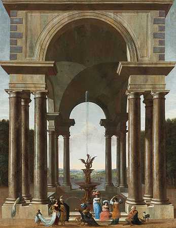 一个古典的门廊，有一个由喷泉聚集而成的优雅的群体`A Classical Portico With An Elegant Company Gathered By A Fountain (1694) by Jacob Ferdinand Saeys