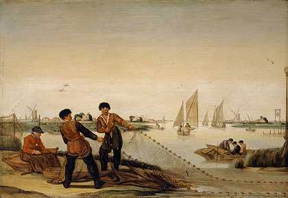 两个渔夫把网拉上岸`Two Fishermen Pulling Their Net Ashore by Arent Arentsz. Cabel