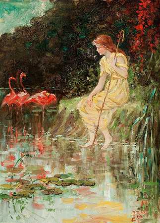 火烈鸟少女`Maiden with Flamingos (1916) by Frederick Stuart Church