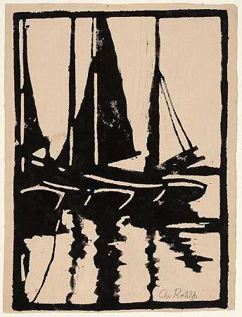 海港里的帆船`Sailboats in the Harbor (1905~1910) by Christian Rohlfs